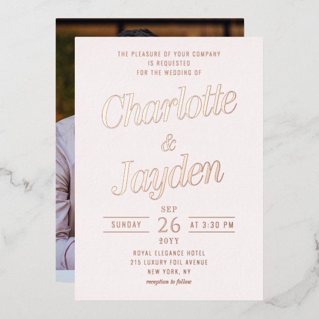 Light Blush Pink Elegante Foil Script Foto Wedding Folieneinladung (Vorderseite/Rückseite)