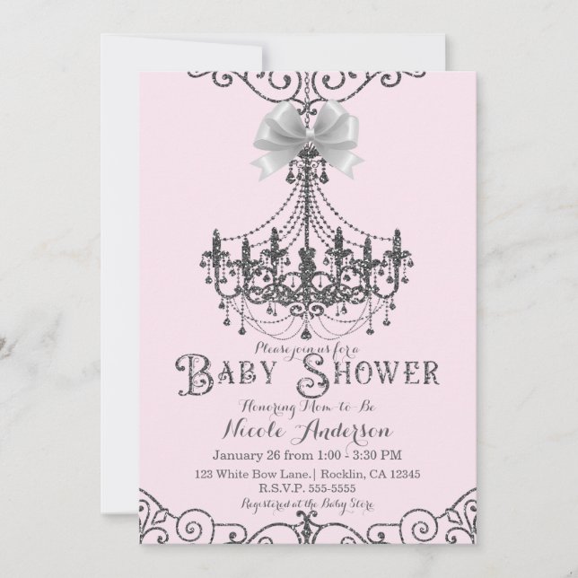 Light Blush Pink & Silver White Bow Baby Dusche Einladung (Vorderseite)