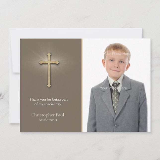 Light Brown, Gold Cross, Religious Foto Card Dankeskarte (Vorderseite)
