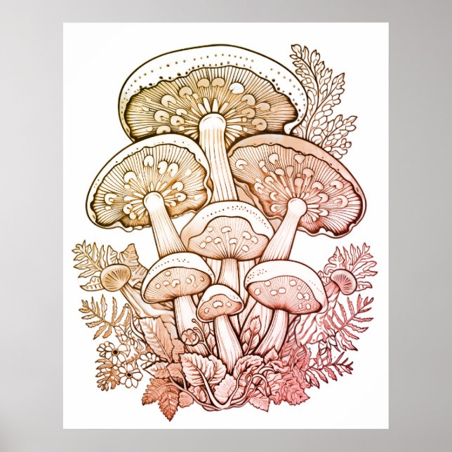 Light Brown Mushrooms on White Background on Wall Poster (Vorne)