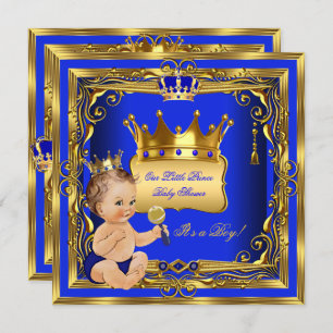 Light Brünett Prince Baby Shower Boy Blue Gold Einladung