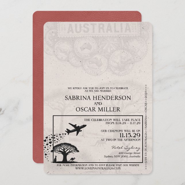 Light Burgundy Australia Passport Wedding Einladung (Vorne/Hinten)