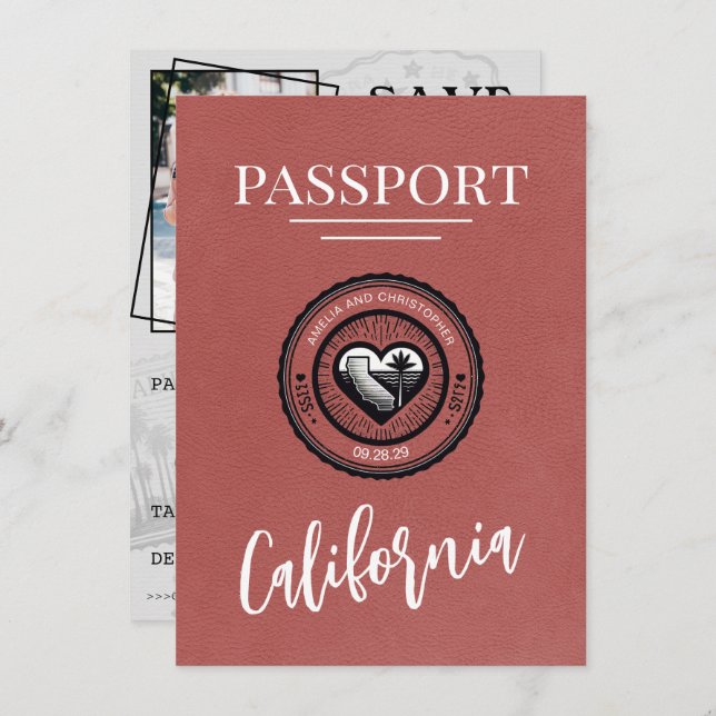 Light Burgundy California Passport Save The Date (Vorne/Hinten)