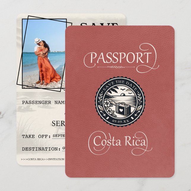 Light Burgundy Costa Rica Passport Save The Date (Vorne/Hinten)