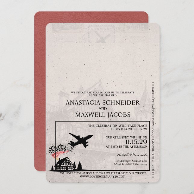 Light Burgundy Germany Passport Wedding Einladung (Vorne/Hinten)