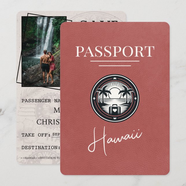 Light Burgundy Hawaii Passport Save the Date (Vorne/Hinten)