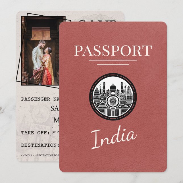 Light Burgundy India Passport Save the Date (Vorne/Hinten)