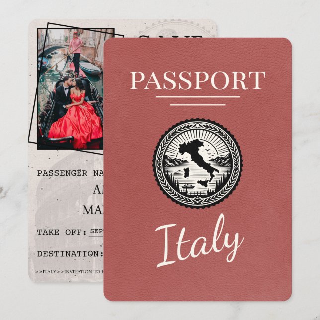 Light Burgundy Italy Passport Save The Date (Vorne/Hinten)