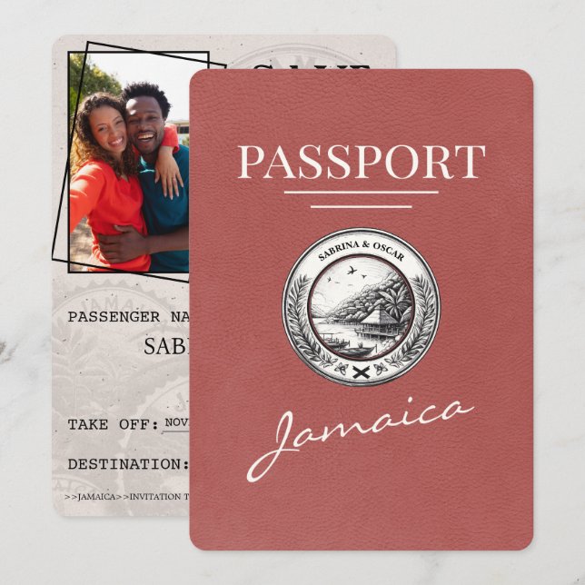 Light Burgundy Jamaica Passport Save the Date (Vorne/Hinten)