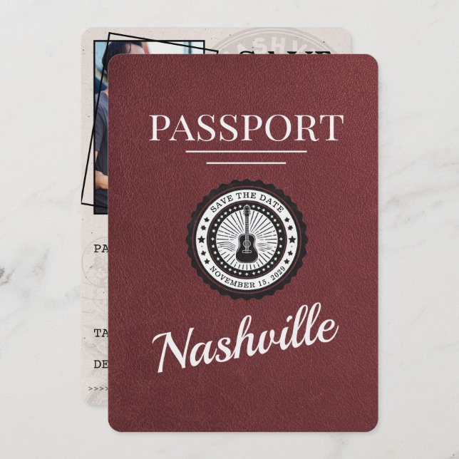 Light Burgundy Nashville Passport Save the Date (Vorne/Hinten)