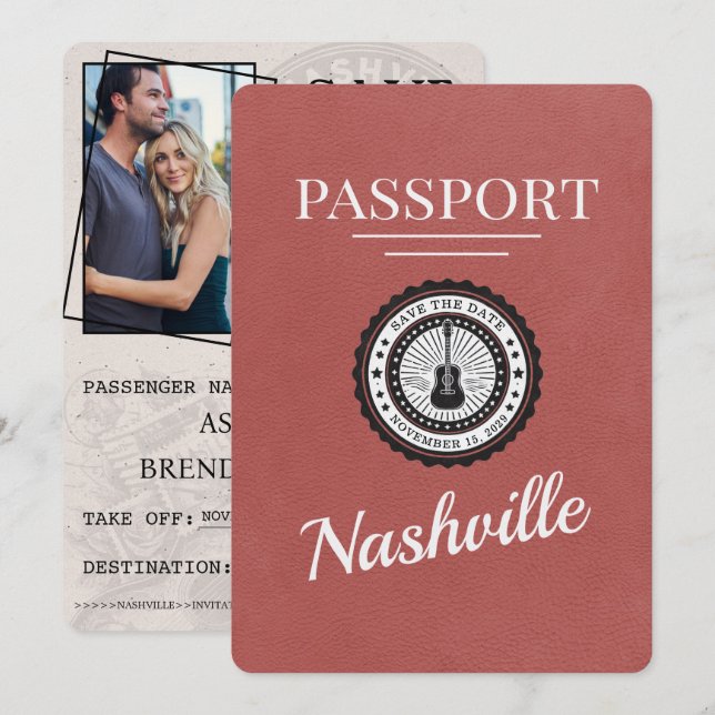 Light Burgundy Nashville Passport Save the Date (Vorne/Hinten)
