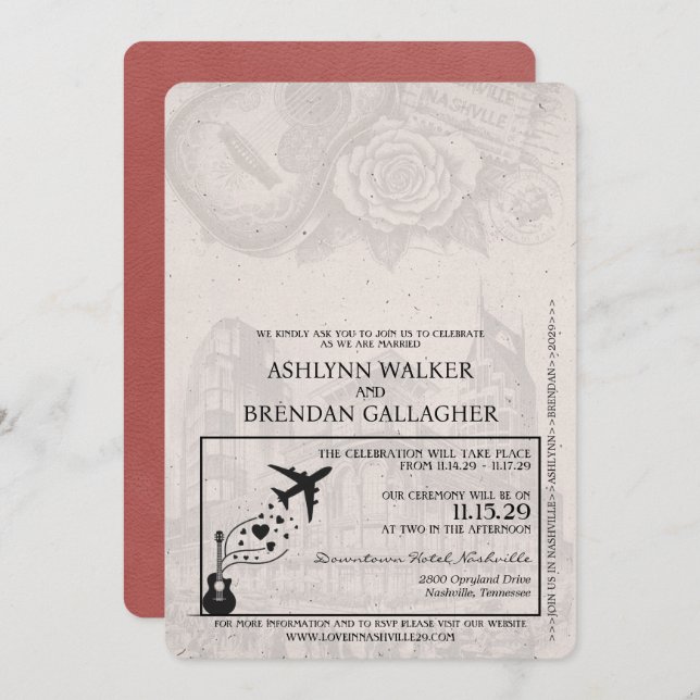 Light Burgundy Nashville Passport Wedding Einladung (Vorne/Hinten)