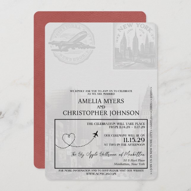 Light Burgundy New York City Passport Wedding Einladung (Vorne/Hinten)