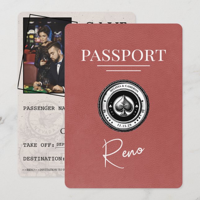 Light Burgundy Reno Passport Save the Date (Vorne/Hinten)