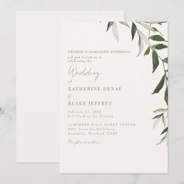 Light Champagne Greenerity Gold Text Wedding Einladung (Vorne/Hinten)
