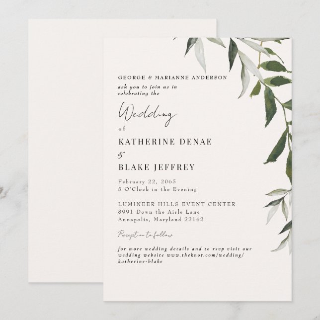 Light Champagne Greenerity Website Wedding Einladung (Vorne/Hinten)