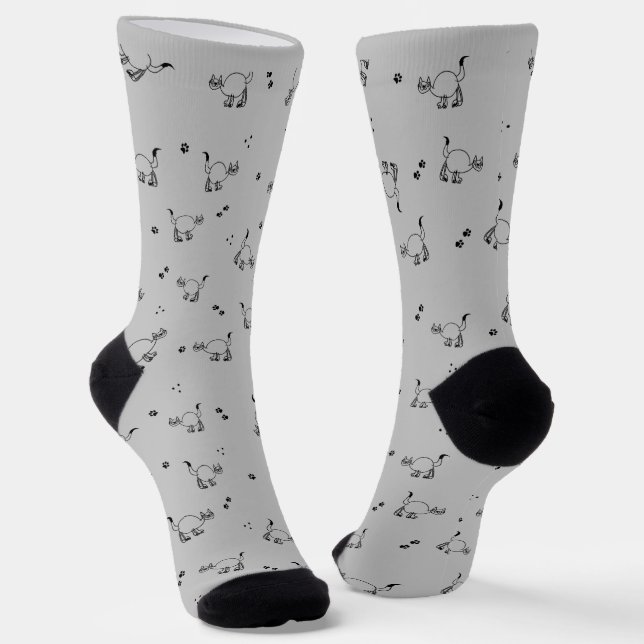 Light Charcoal Cat Line Art Pattern Socks Socken (Gewinkelt)