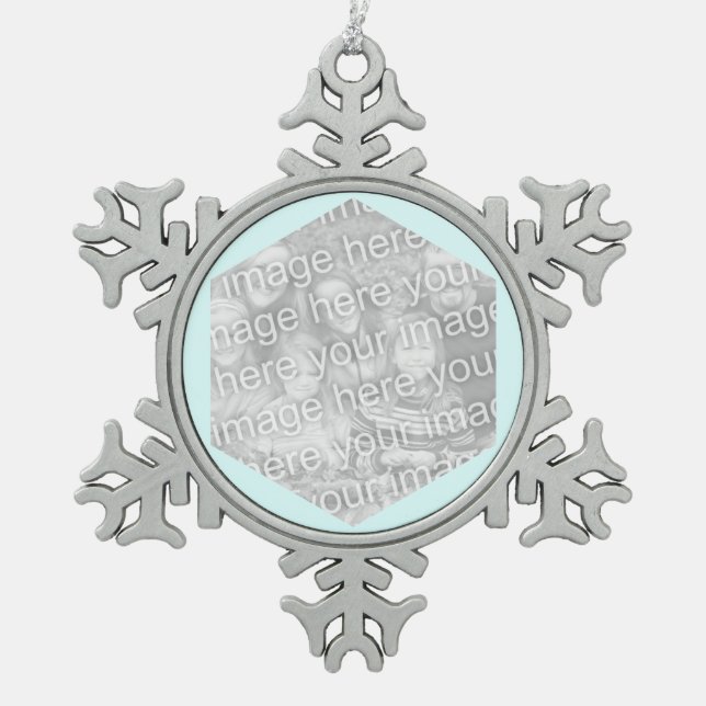 Light Cyan Hexagon Foto Border Schneeflocken Zinn-Ornament (Vorderseite)