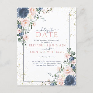 Light Dusty Blue Blush Pink Gold Floral Delay Datu Feiertagspostkarte