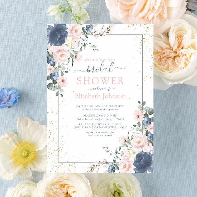 Light Dusty Blue Blush Pink Gold Floral Dusche Einladung (Blush Blooms Await You: Join Us for a Bridal Shower to Remember)