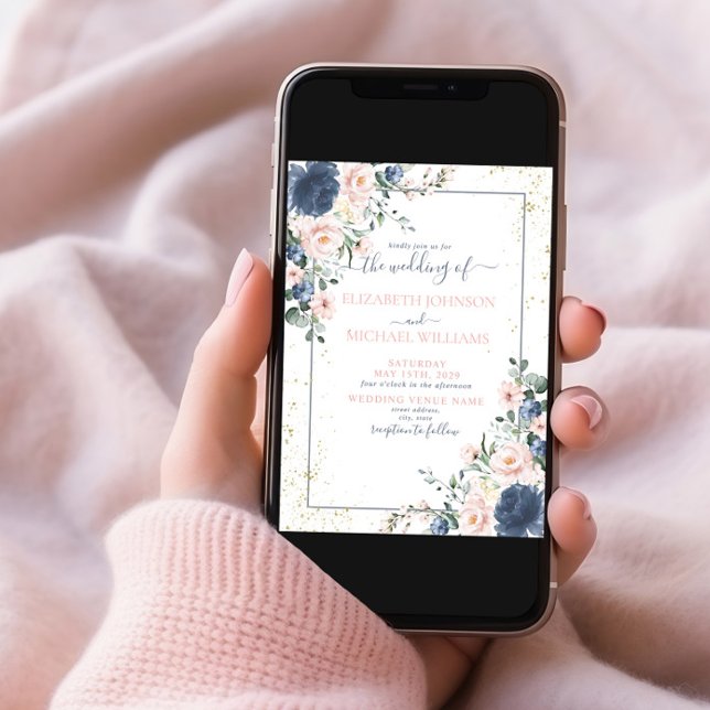 Light Dusty Blue Blush Pink Gold Floral Foto Einladung (Von Creator hochgeladen)