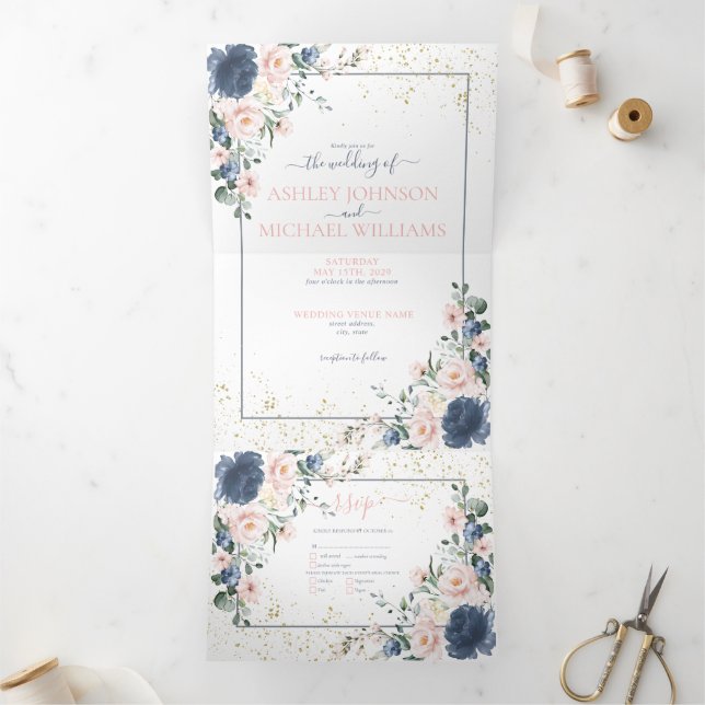 Light Dusty Blue Blush Pink Gold Floral Wedding Dreifach Gefaltete Einladung (Innenseite)