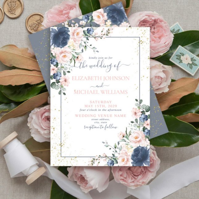 Light Dusty Blue Blush Pink Gold Floral Wedding Einladung (Von Creator hochgeladen)