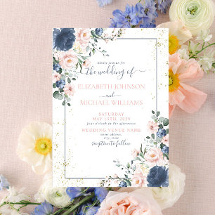Light Dusty Blue Blush Pink Gold Floral Wedding Einladung