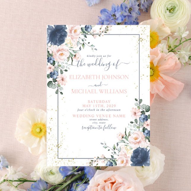 Light Dusty Blue Blush Pink Gold Floral Wedding Einladung (Love Blooms Here)