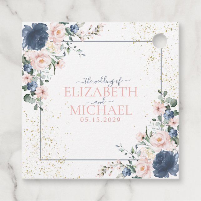 Light Dusty Blue Blush Pink Gold Floral Wedding Geschenkanhänger (Rückseite)