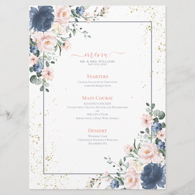 Light Dusty Blue Blush Pink Gold Floral Wedding Menükarte (Vorderseite)