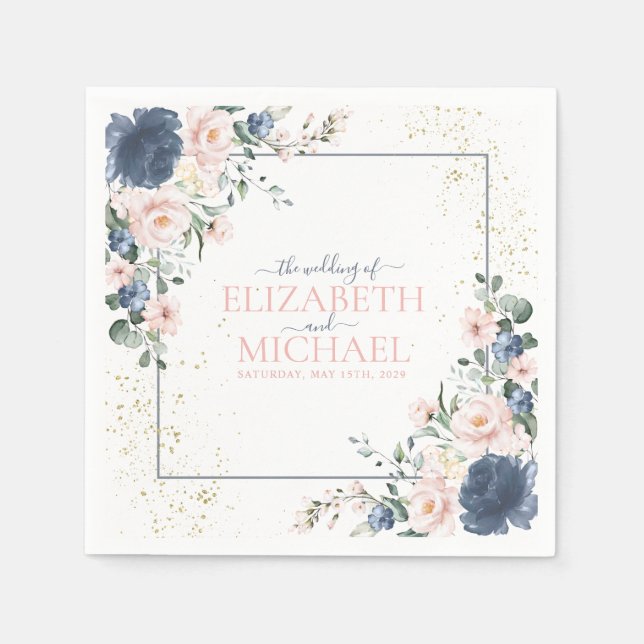 Light Dusty Blue Blush Pink Gold Floral Wedding Serviette (Vorderseite)