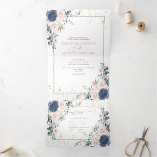 Light Dusty Blue Blush Pink Gold Floral Wedding Tr Dreifach Gefaltete Einladung