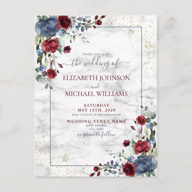 Light Dusty Blue Burgundy Floral Postcard Wedding Ankündigungspostkarte (Vorderseite)