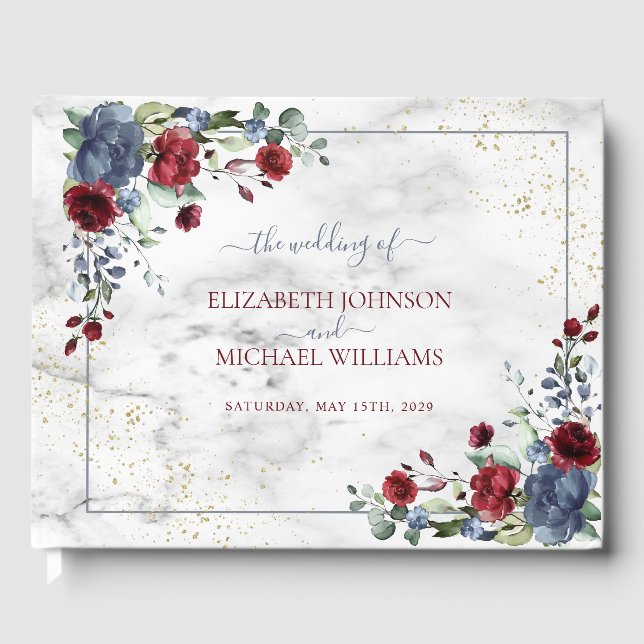 Light Dusty Blue Burgundy Floral Postcard Wedding Gästebuch (Vorderseite)