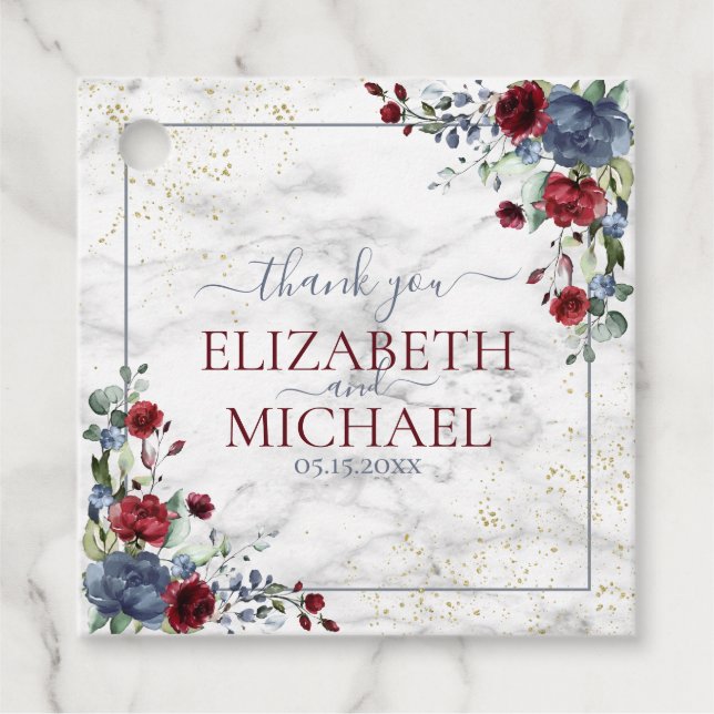 Light Dusty Blue Burgundy Floral Wedding Geschenkanhänger (Vorderseite)