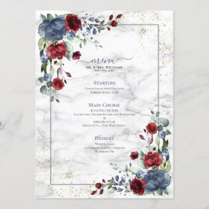 Light Dusty Blue Burgundy Floral Wedding Menükarte