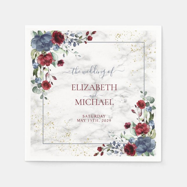 Light Dusty Blue Burgundy Floral Wedding Serviette (Vorderseite)