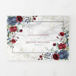 Light Dusty Blue Burgundy Floral Wedding Tri-Fold Dreifach Gefaltete Einladung