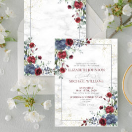 Light Dusty Blue Burgundy Gold Floral Wedding Einladung