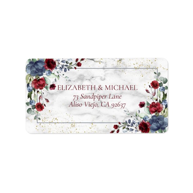 Light Dusty Blue Burgundy Gold Wedding Address Adressaufkleber (Vorne)