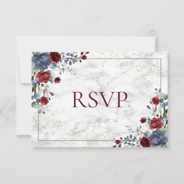 Light Dusty Blue Burgundy Gold Wedding RSVP Karte (Vorderseite)