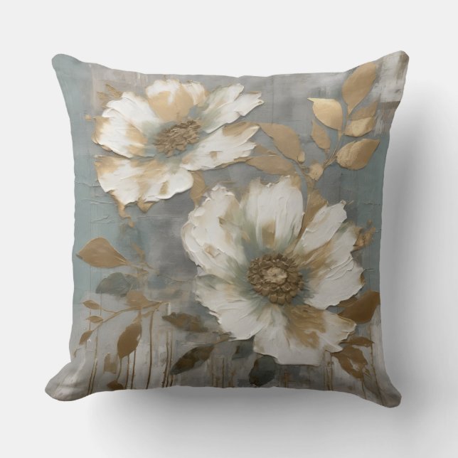Light Dusty Blue White Gold Moderne Floral Kissen (Vorderseite)