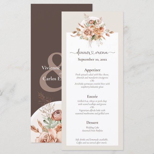 Light Earth Tone Floral Rustic Boho Wedding Menu Programm (Vorne/Hinten)
