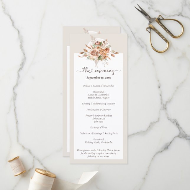 Light Earth Tone Floral Rustic Boho Wedding Party Programm (Vorderseite/Rückseite Beispiel)