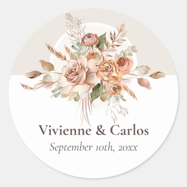 Light Earth Tone Floral Rustic Boho Wedding Runder Aufkleber (Vorderseite)