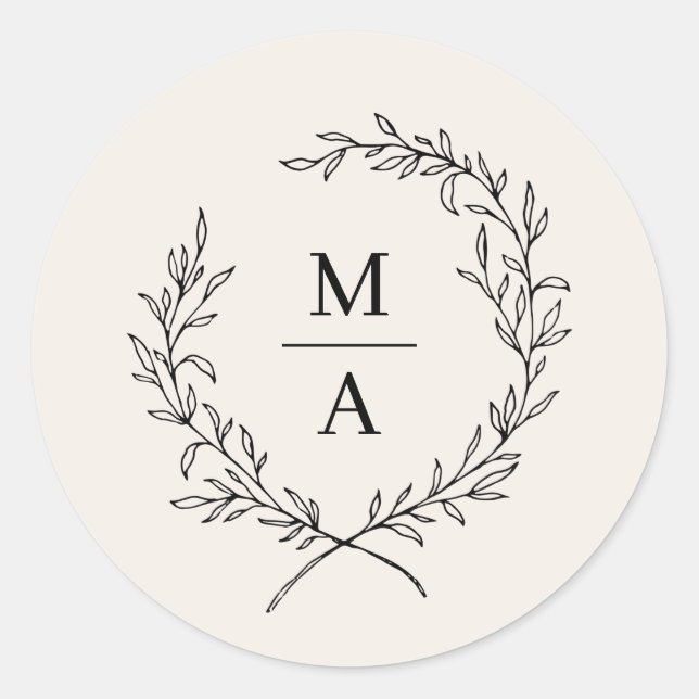Light Ecru Simple Elegant Laurel Wreath Monogram Runder Aufkleber (Vorderseite)