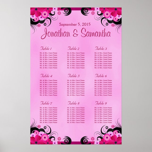 Light Fuchsia Floral Wedding 9 Table Seating Chart Poster (Vorne)