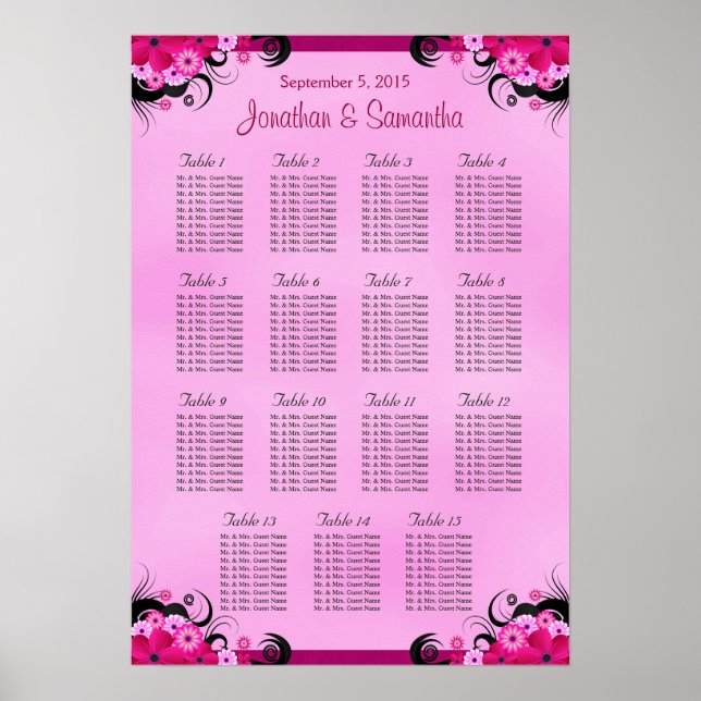 Light Fuschia Wedding 15 Table Seating Charts Poster (Vorne)