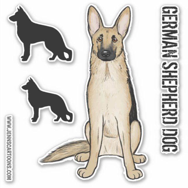 Light German Shepherd Cartoon Dog und Silhouetten Aufkleber (Vorderseite)